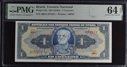 Brazil 1 Cruzeiro ND (1944) P 132 UNC PMG 64 EPQ Hand Sign Serie 406A