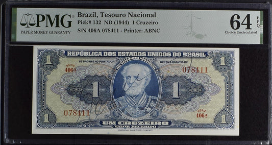 Brazil 1 Cruzeiro ND (1944) P 132 UNC PMG 64 EPQ Hand Sign Serie 406A