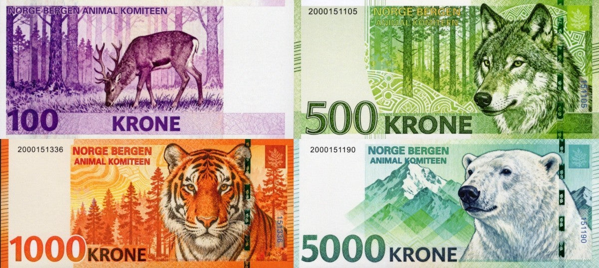 Norway TEST NOTE Animal Tiger Polar Bear Wolf Deer COMM Notes Set 4 pcs UNC