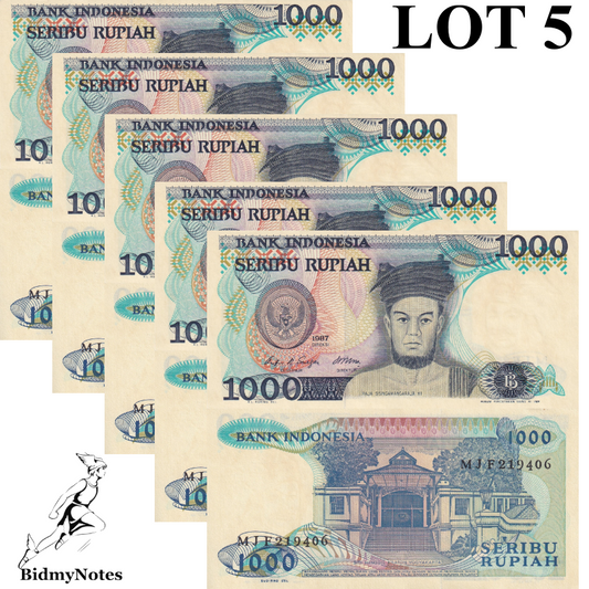 Indonesia 1000 Rupiah 1987 P 124 UNC LOT 5 Pcs