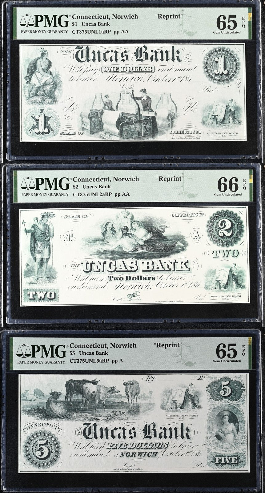 Connecticut Norwich Reprint 1-5$ Obsolete Bank Note UNC PMG 65 66 EPQ Set 3 pcs