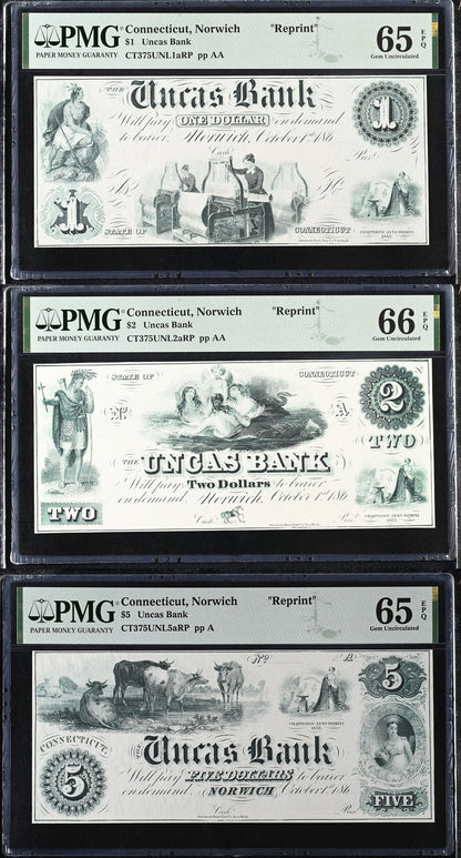 Connecticut Norwich Reprint 1-5$ Obsolete Bank Note UNC PMG 65 66 EPQ Set 3 pcs