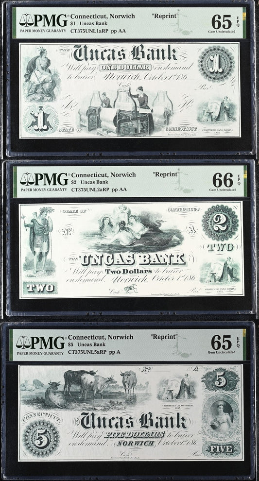 Connecticut Norwich Reprint 1-5$ Obsolete Bank Note UNC PMG 65 66 EPQ Set 3 pcs