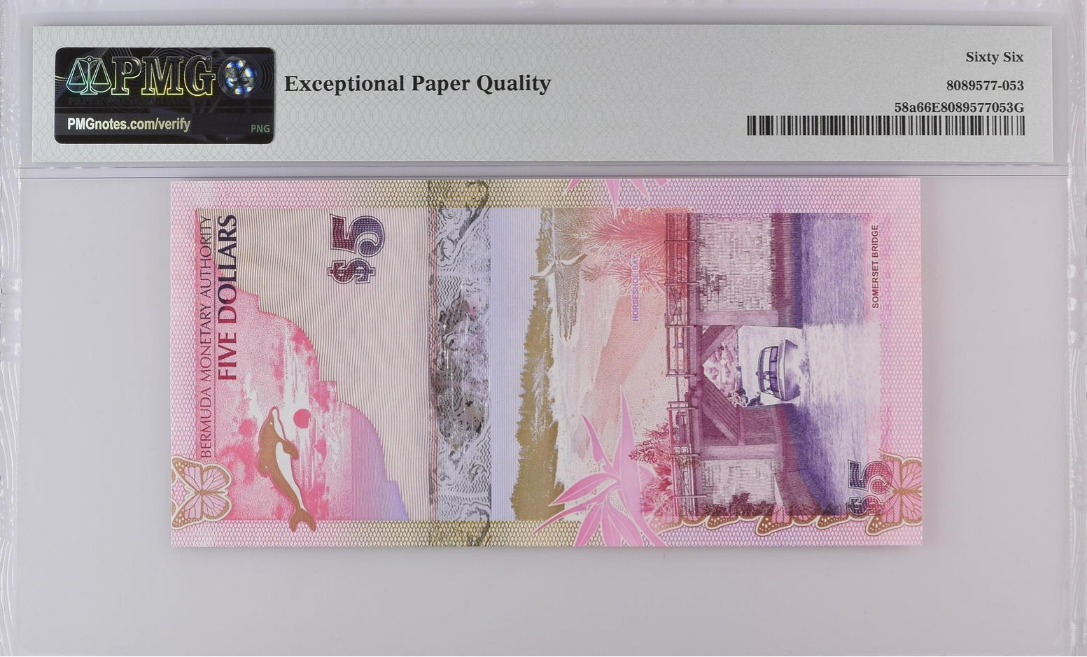 Bermuda Monetary Authority 5 Dollars 2009 P 58a UNC PMG 66 EPQ Onion Prefix