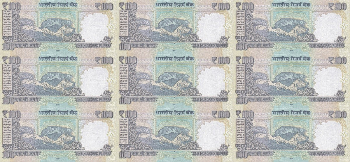 India 100 Rupees 2014 P 105 UNC Set 9 pcs MINOR FOXING Match Prefix SOLID 1-9