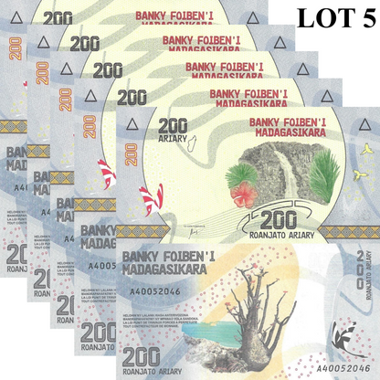 Madagascar 200 Ariary ND (2017) P 98 UNC 1/20 Bundle Lot 5 pcs