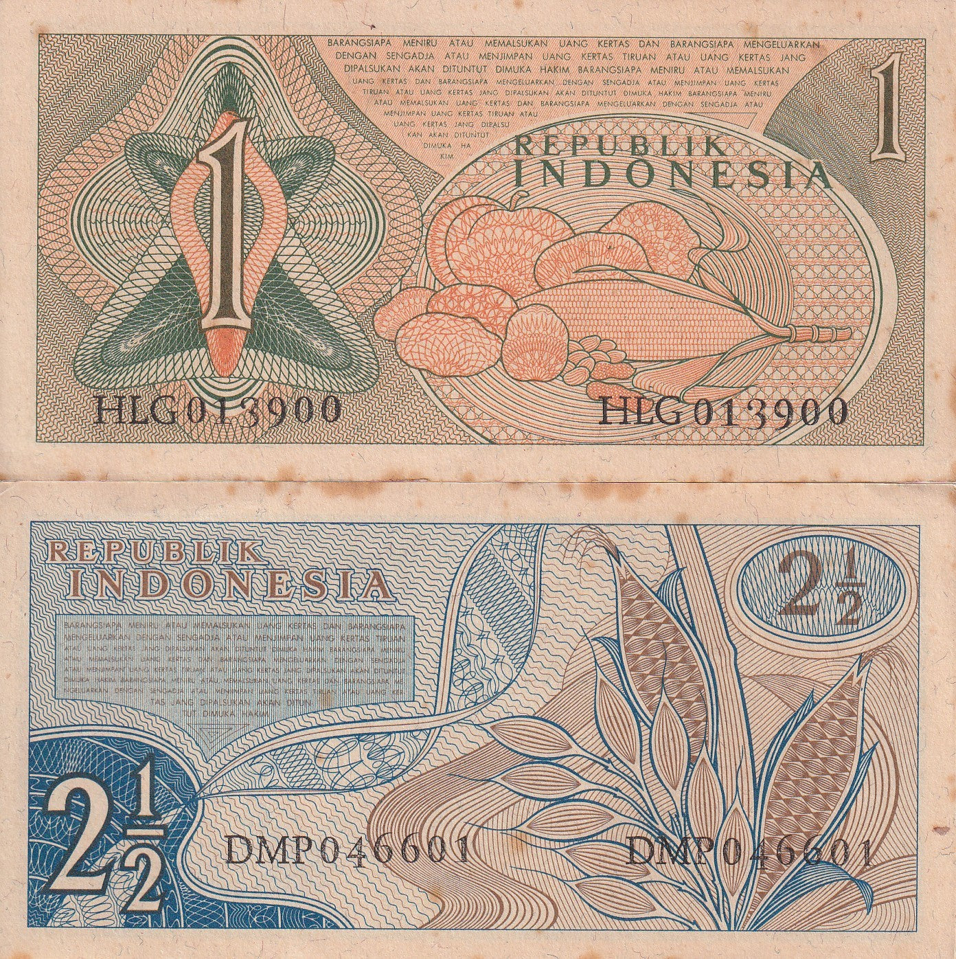 Indonesia 1 2½ Rupiah 1961 P 78 79 UNC FOXING Set 2 pcs