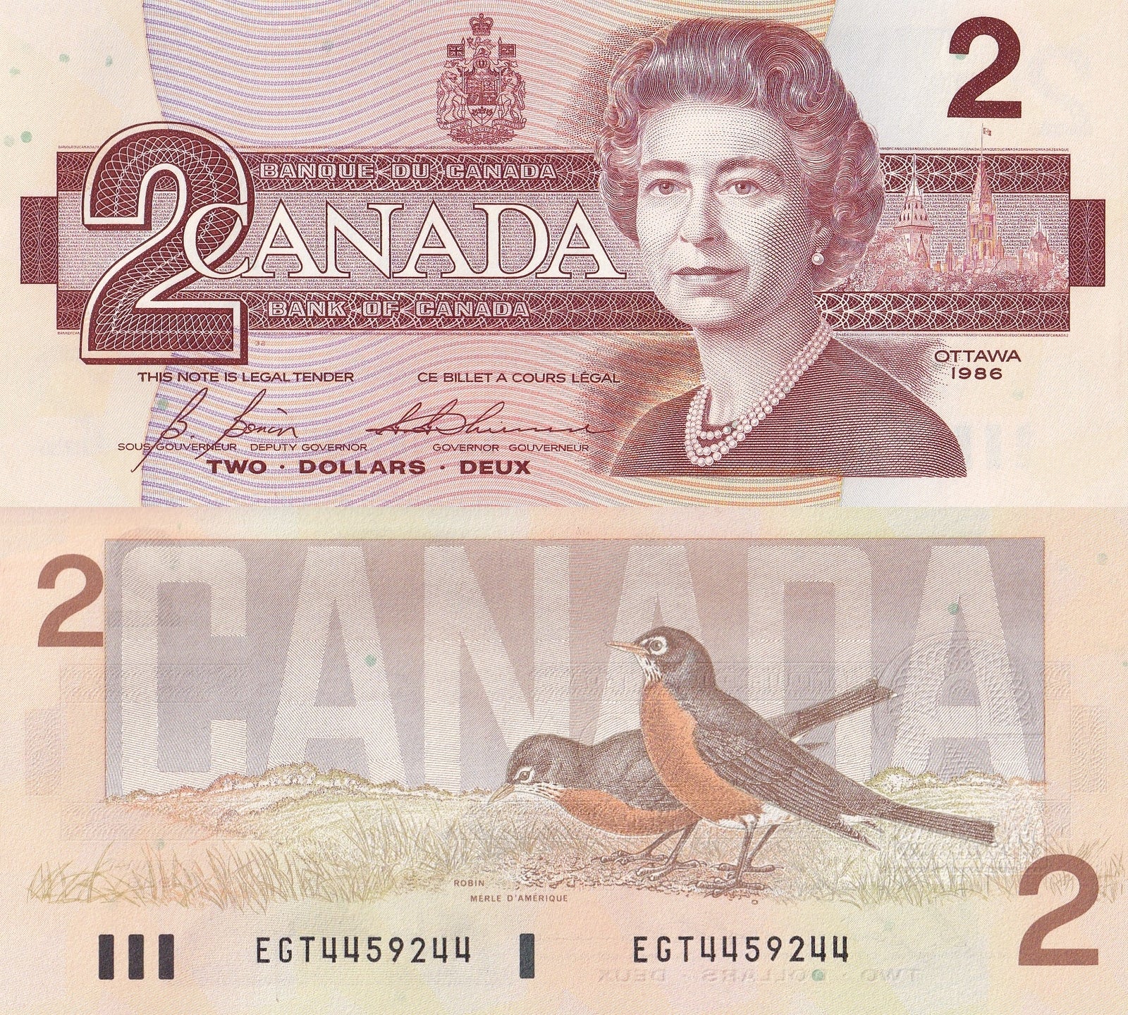 Canada 2 Dollars 1986 P 94c Queen Elizabeth II Random Sign UNC