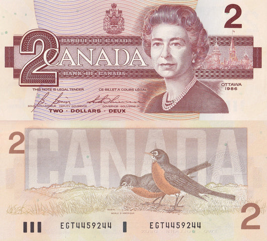 Canada 2 Dollars 1986 P 94c Queen Elizabeth II Random Sign UNC