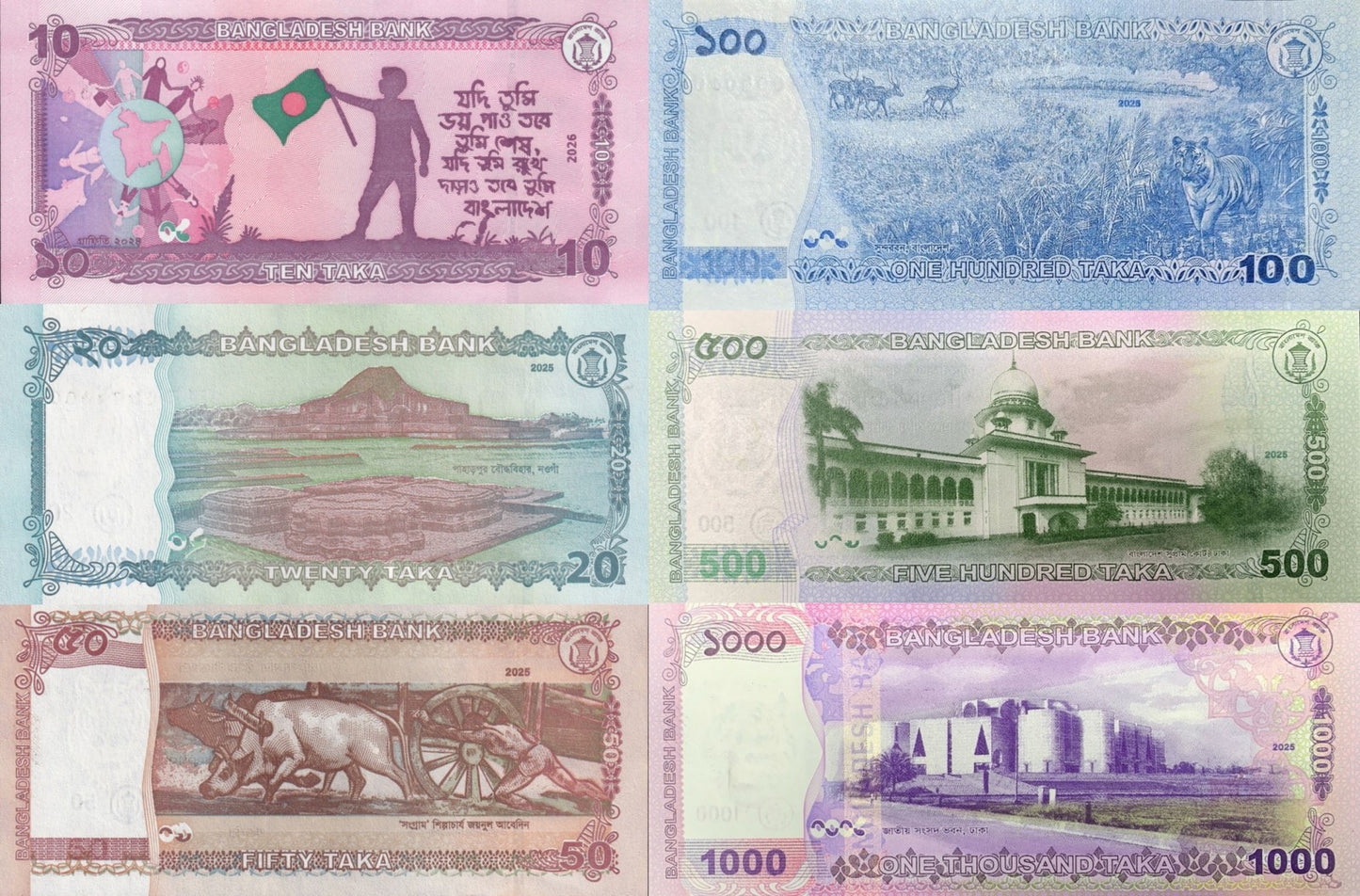 Bangladesh 10 20 50 100 500 1000 Taka 2025 2026 P New UNC Set 6 pcs