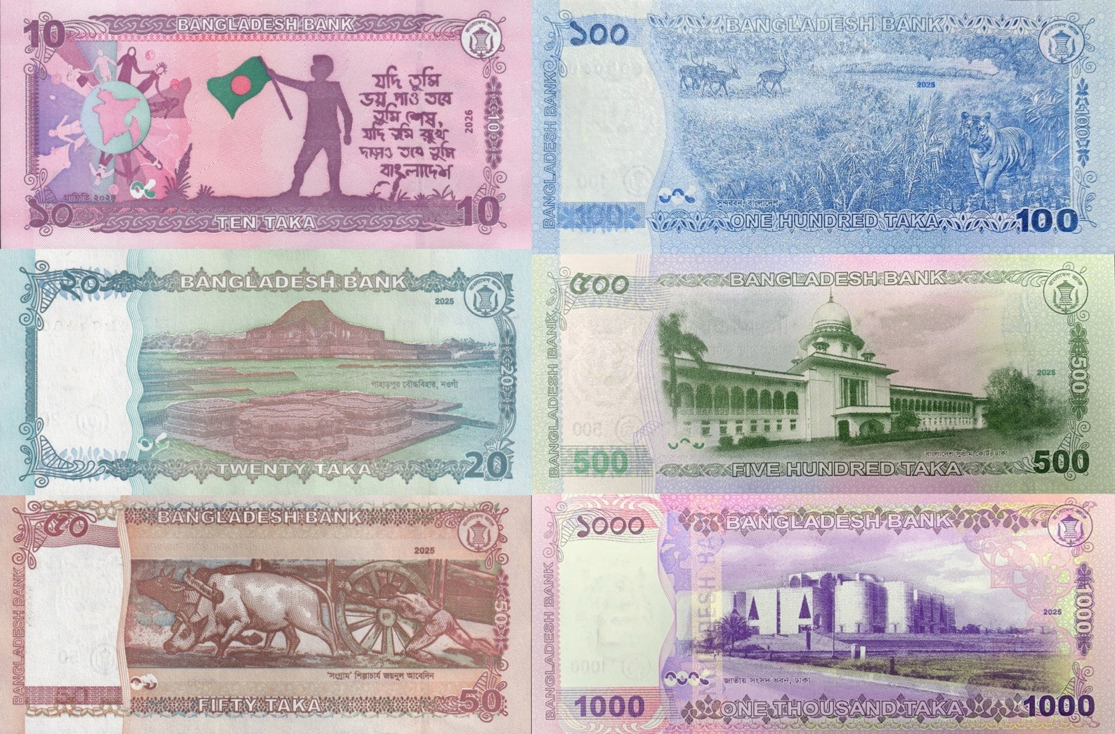 Bangladesh 10 20 50 100 500 1000 Taka 2025 2026 P New UNC Set 6 pcs
