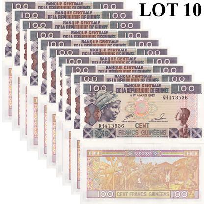 Guinea 100 Francs 1998 P 35a UNC 1/10 Bundle Lot 10 pcs