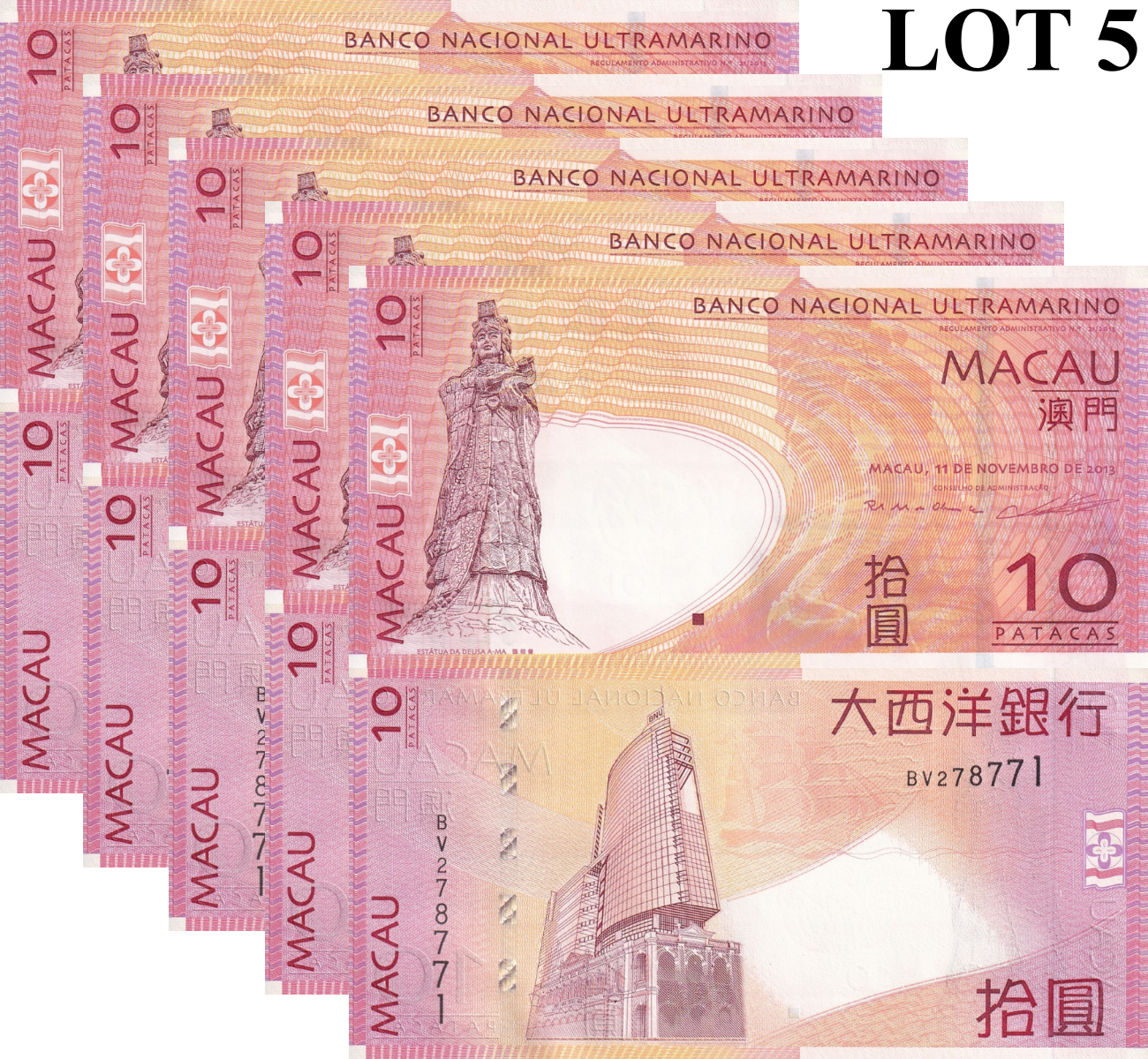 Macau Macao 10 Patacas 2013 P 80c UNC BNU Random Sign 1/20 Bundle Lot 5 pcs