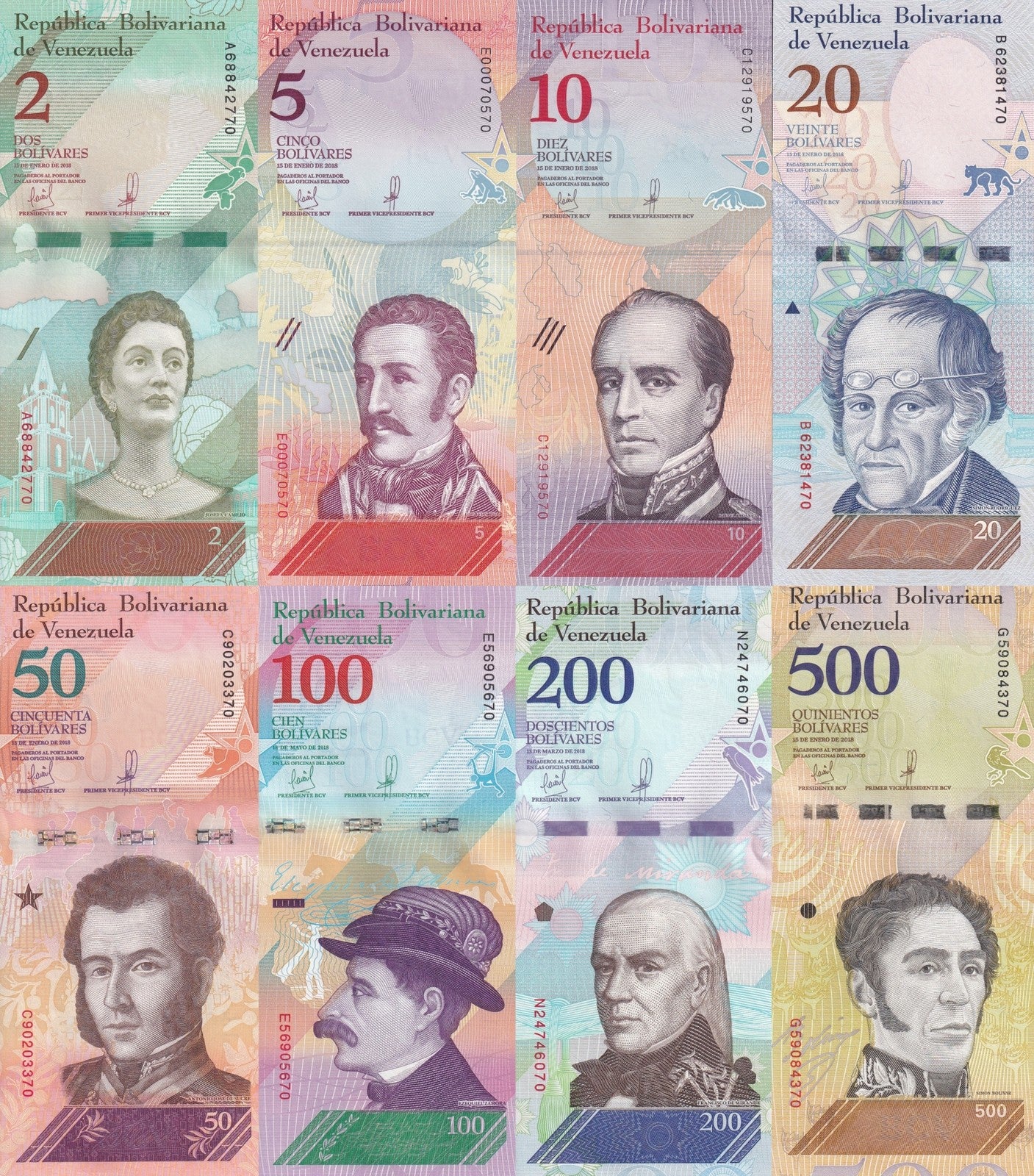 Venezuela 2 5 10 20 50 100 500 Bolivares 2018 P 101 102 103-108 UNC Set 8 pcs