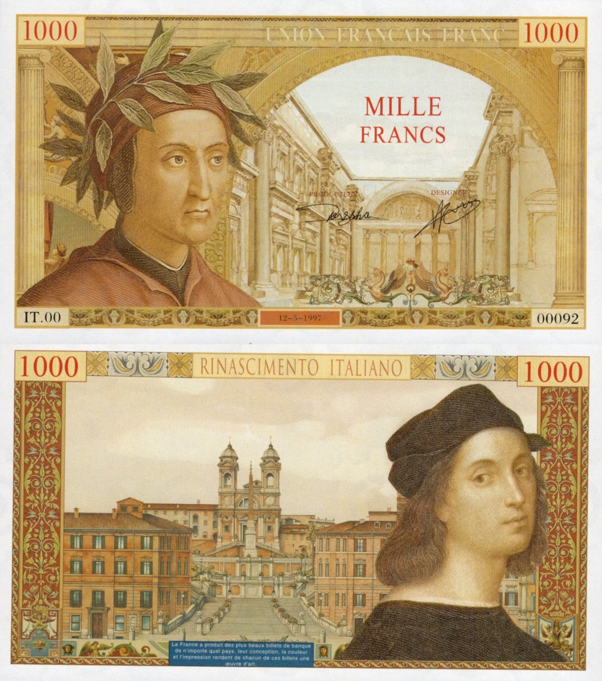 France TEST NOTE 1000 Francs Dante Raphael Commemorative Banknote UNC
