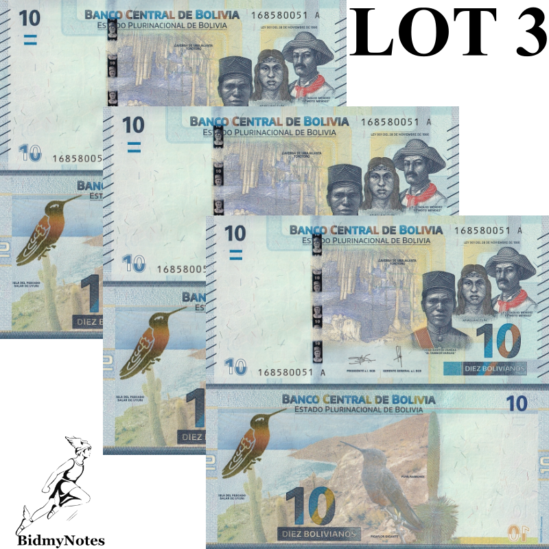 Bolivia 10 Bolivianos 2018 P 248 UNC Series A New Series LOT 3 pcs