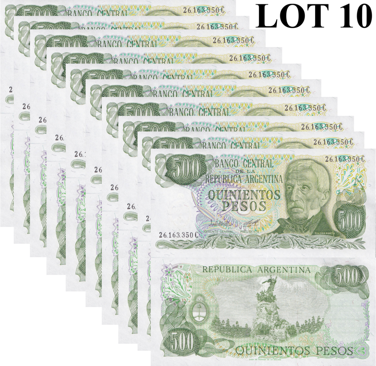 Argentina 500 Pesos ND 1982 P 303 UNC 1/10 Bundle Lot 10 pcs