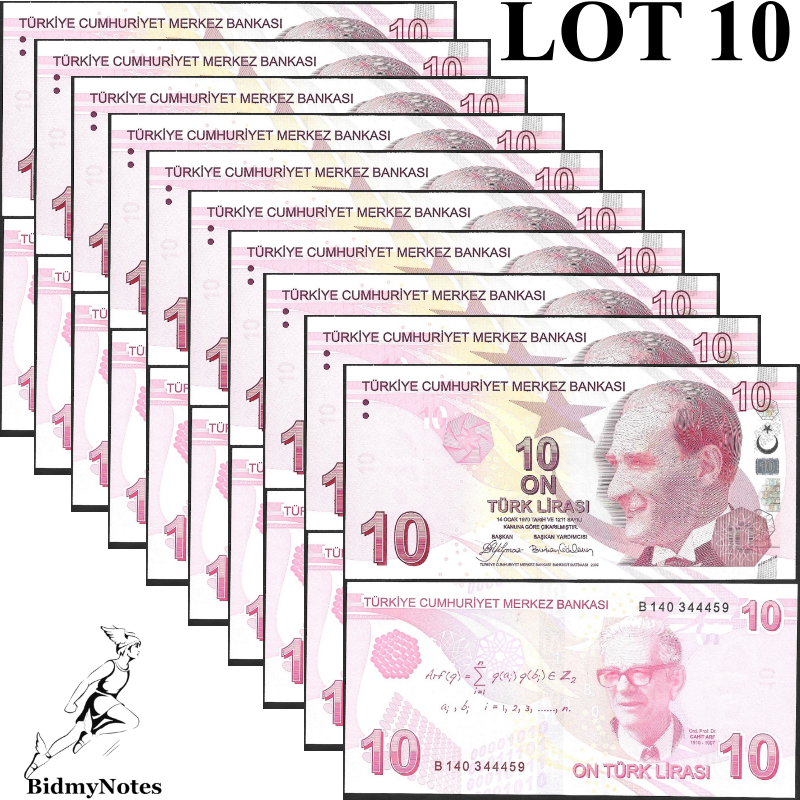 Turkey 10 Turk Lirasi 2009 P 223 UNC Random Sign 1/10 Bundle LOT 10 pcs