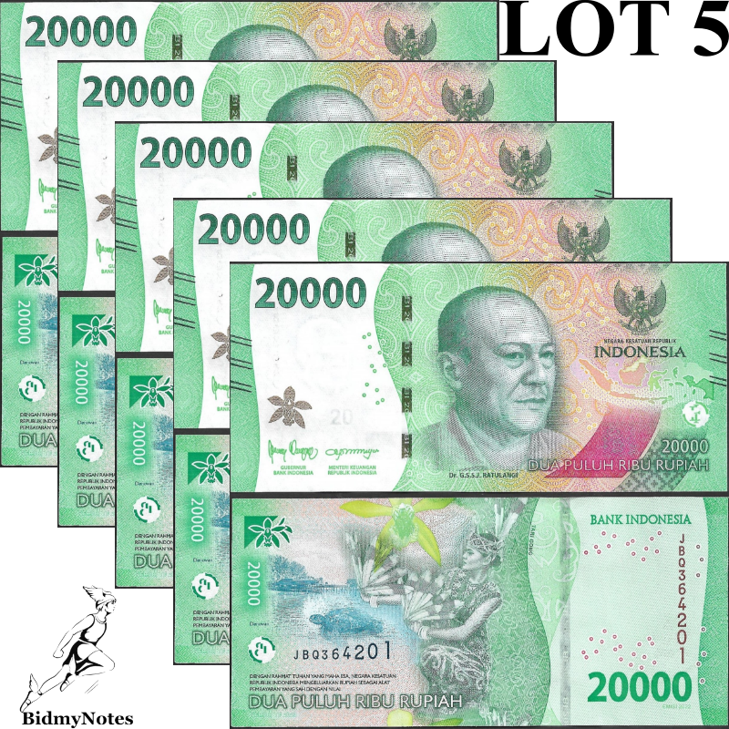 Indonesia 20000 Rupiah 2022/2023 P 166 UNC 1/20 Bundle LOT 5 pcs