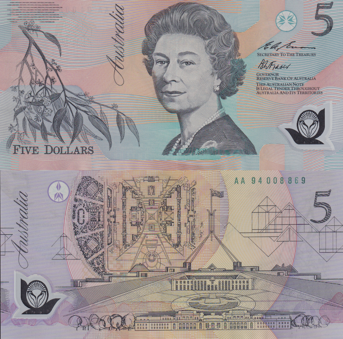 Australia 5 Dollars ND 1992 P 50a(2)  Polymer UNC AA Prefix With Folder