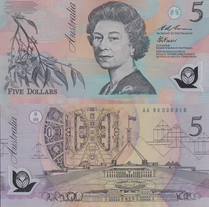 Australia 5 Dollars ND 1992 P 50a(2)  Polymer UNC AA Prefix With Folder