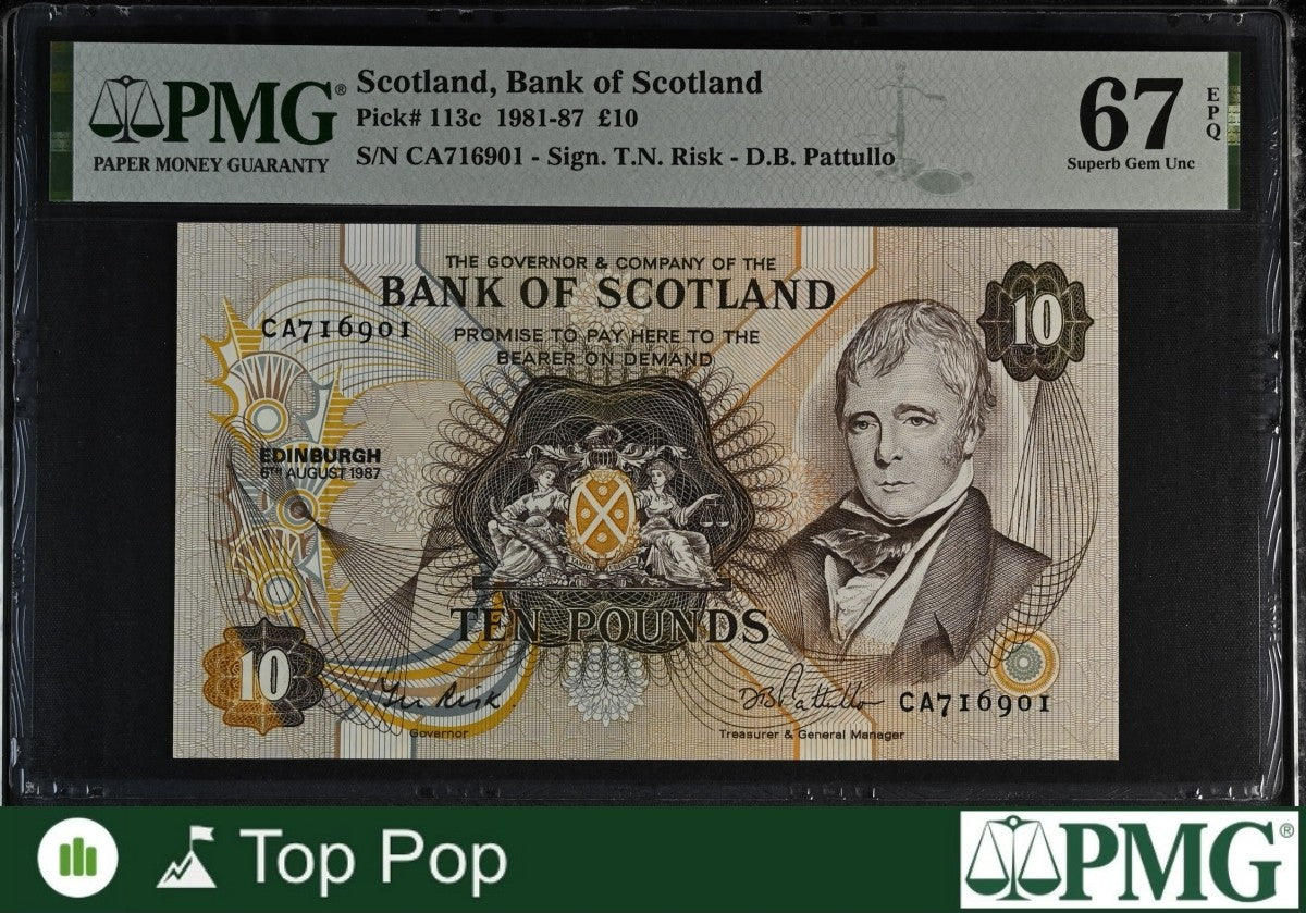 Scotland Bank of Scotland 10 Pounds 1981-87 P 113c UNC PMG 67 EPQ TOP POP