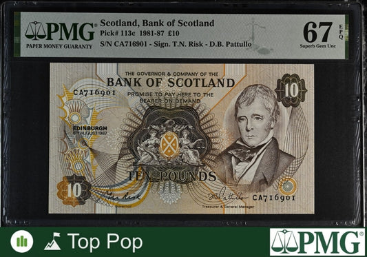 Scotland Bank of Scotland 10 Pounds 1981-87 P 113c UNC PMG 67 EPQ TOP POP