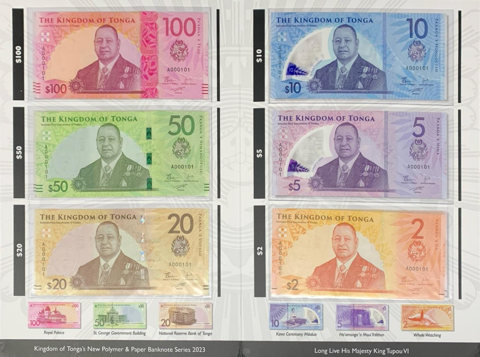 Tonga 2-100 Pa'anga 2023 P 50-55 Paper Polymer UNC Set 6 Match Binary 000101 W/F