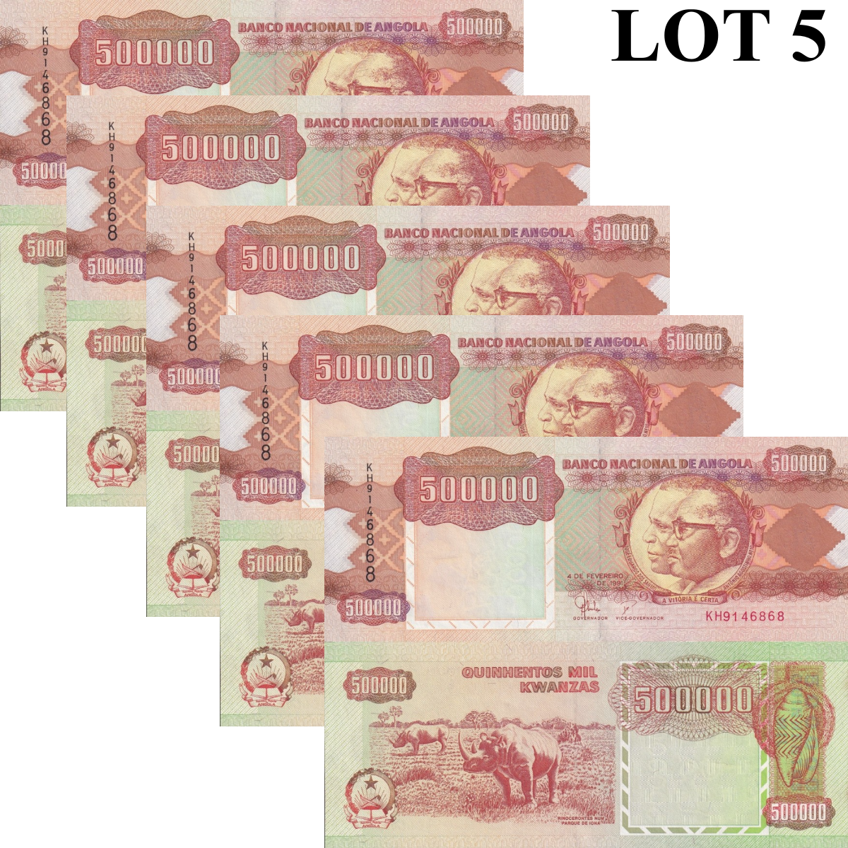 Angola 500000 Kwanzas 1991 P 134 Rhino UNC 1/20 Bundle Lot 5 pcs