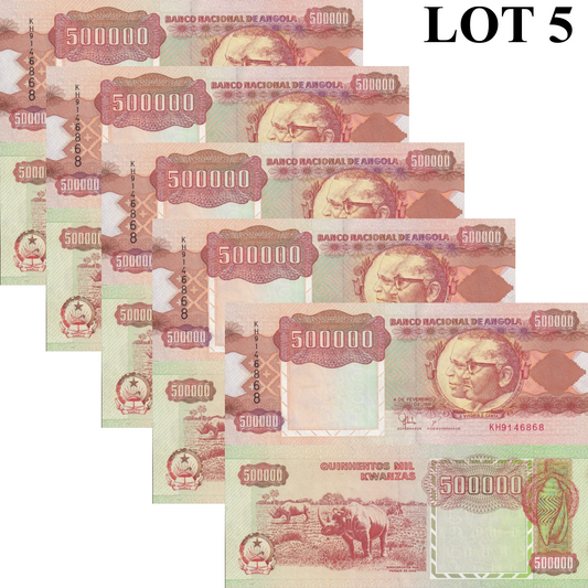 Angola 500000 Kwanzas 1991 P 134 Rhino UNC 1/20 Bundle Lot 5 pcs