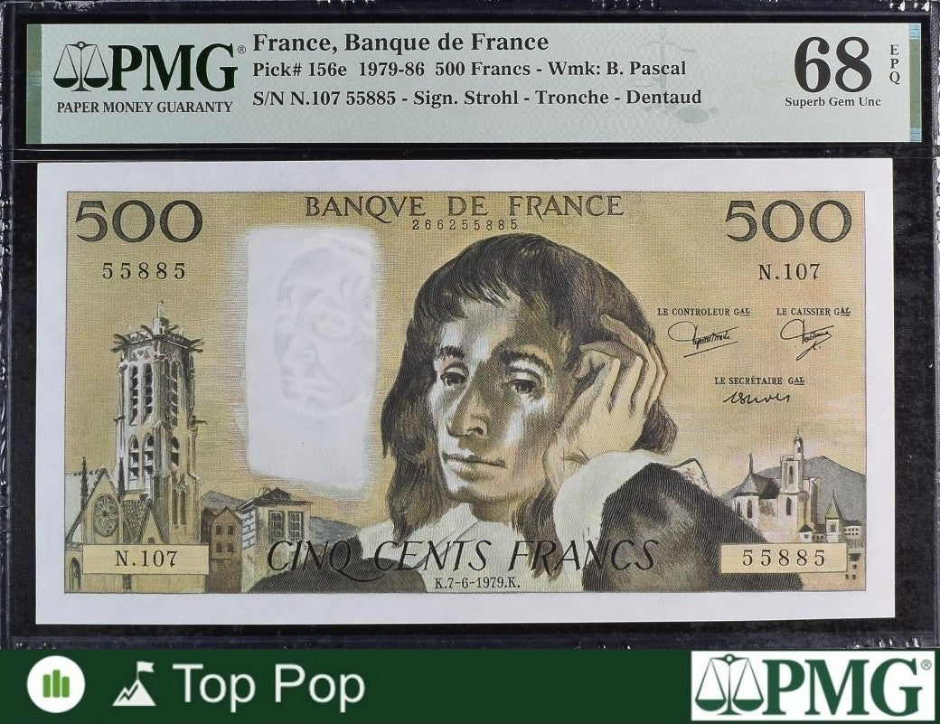 France Banque de France 500 Francs 1979-86 P 156e UNC PMG 68 EPQ TOP POP