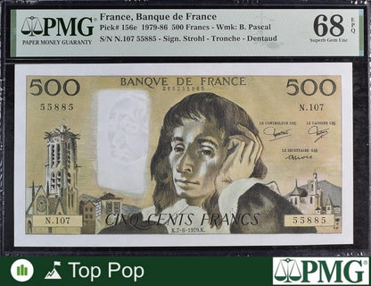 France Banque de France 500 Francs 1979-86 P 156e UNC PMG 68 EPQ TOP POP