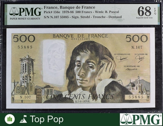 France Banque de France 500 Francs 1979-86 P 156e UNC PMG 68 EPQ TOP POP