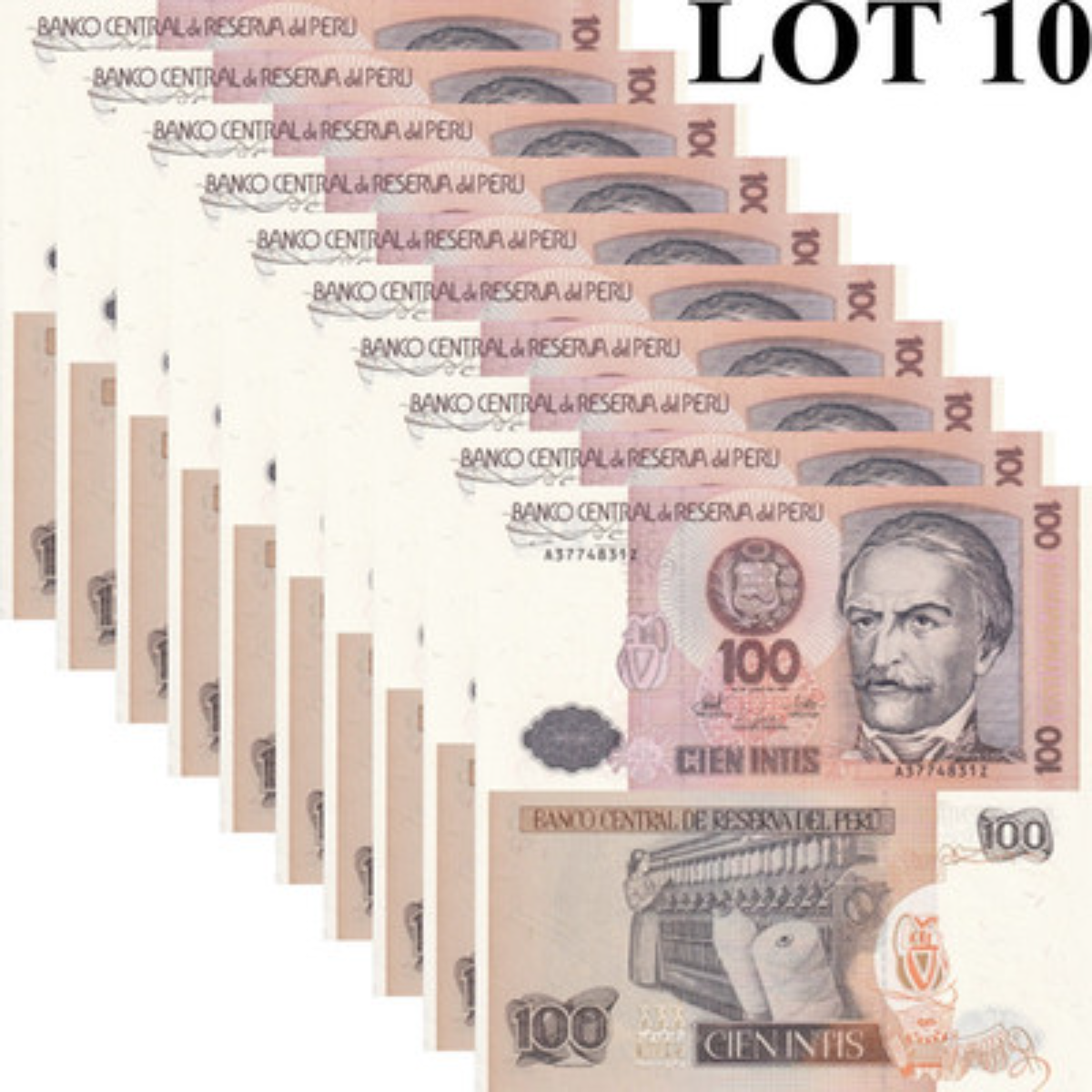 Peru 100 Intis 1987 P 133 UNC 1/10 Bundle Lot 10 pcs