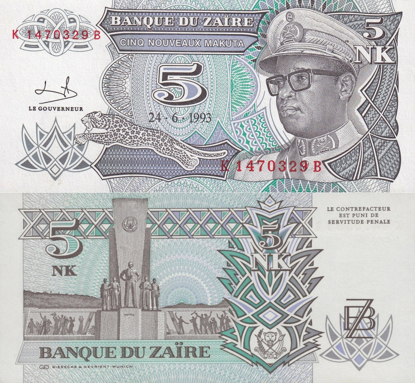 Zaire 5 Nouveaux Makuta 1993 P 48 UNC MINOR FOXING