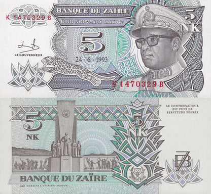 Zaire 5 Nouveaux Makuta 1993 P 48 UNC MINOR FOXING