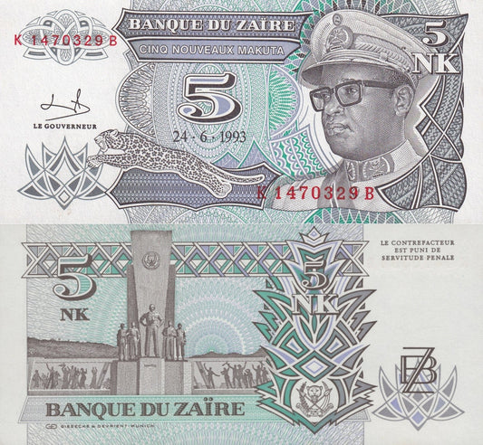 Zaire 5 Nouveaux Makuta 1993 P 48 UNC MINOR FOXING