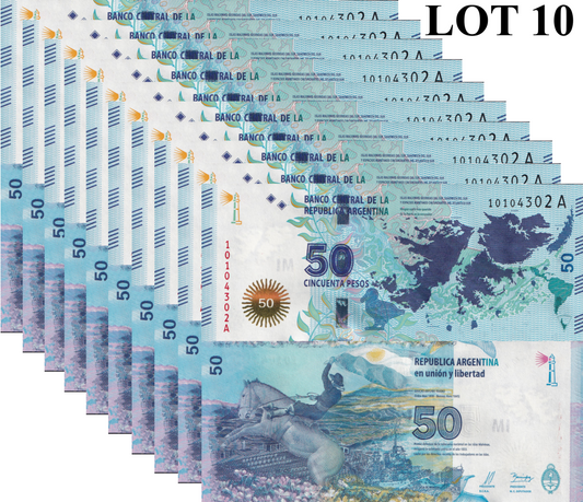 Argentina 50 Pesos ND(2015) P 362a COMM. UNC 1/10 Bundle Lot 10 pcs