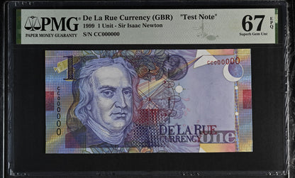 De La Rue (GBR) 1 Unit 1999 Sir Isaac Newton Specimen UNC PMG 67 EPQ Test Note