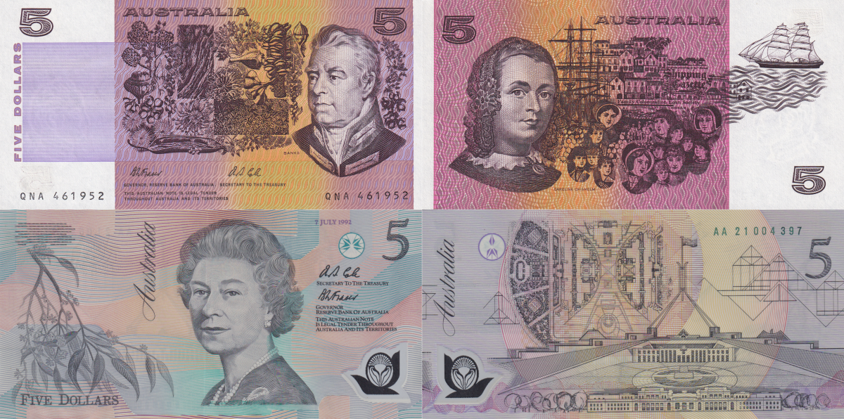 Australia 5 Dollars 1991-1992 P 44g 50b Polymer UNC Set 2 pcs With Folder