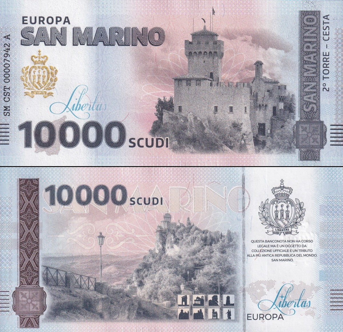 San Marino Republic 10000 Scudi 2 Torre Cesta UNC COMM. Test Note