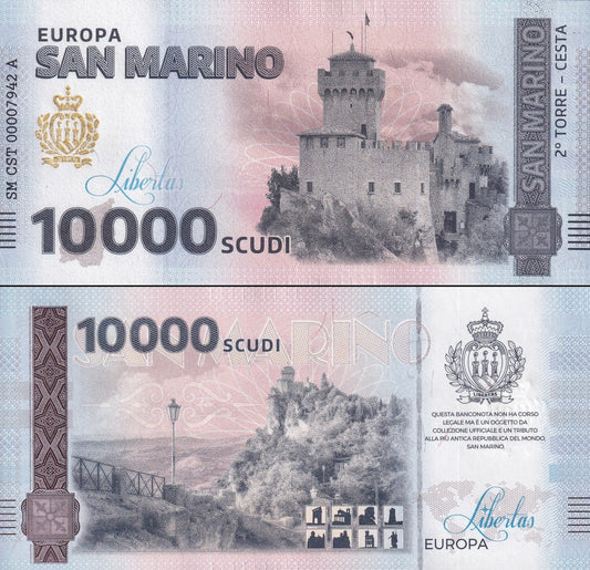 San Marino Republic 10000 Scudi 2 Torre Cesta UNC COMM. Test Note