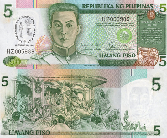 Philippines 5 Piso 1987 P 176 UNC Commemorative FOXING