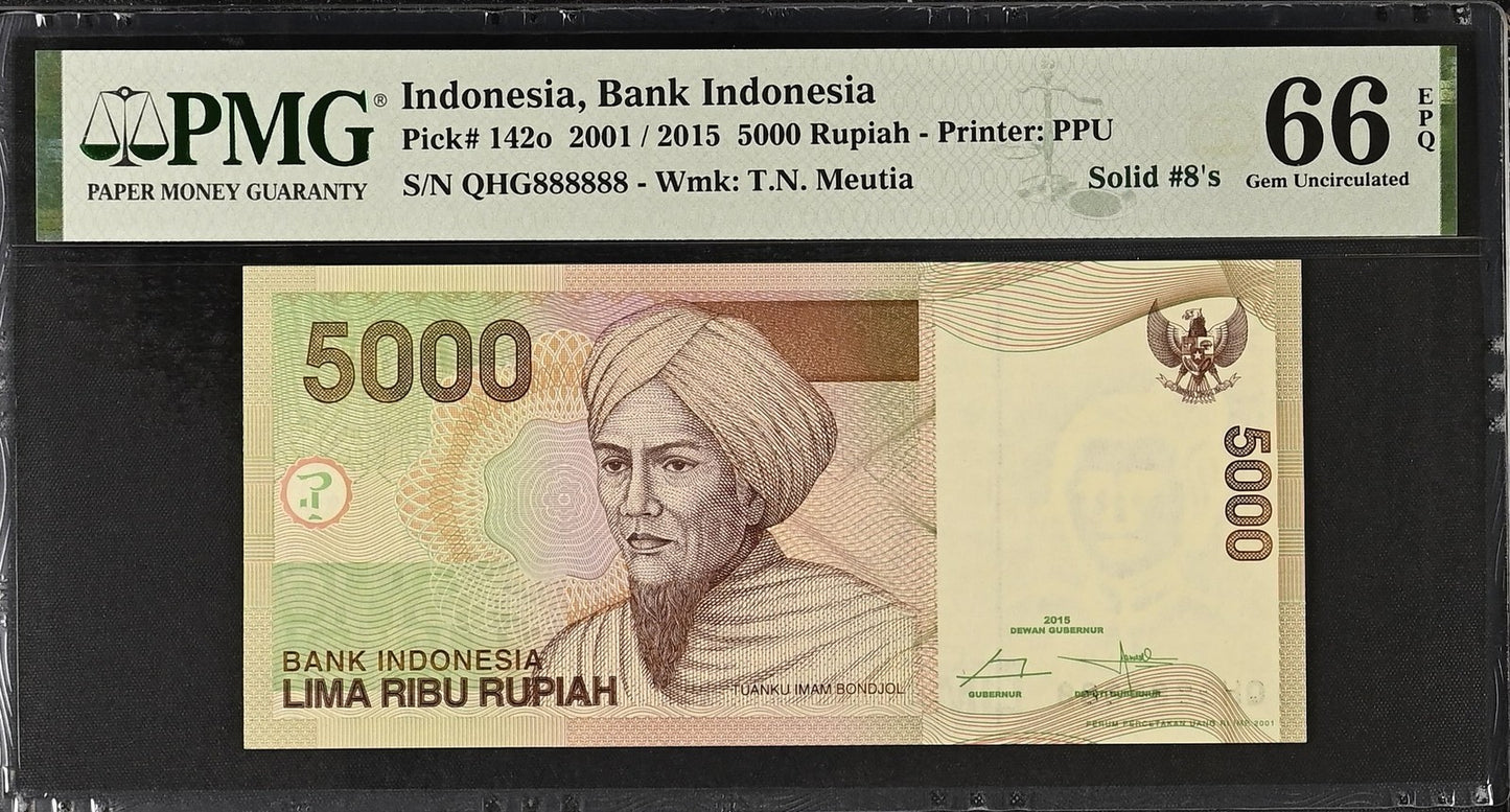 Indonesia 5000 Rupiah 2001 / 2015 P 142o UNC PMG 66 EPQ SOLID 8 - 888888