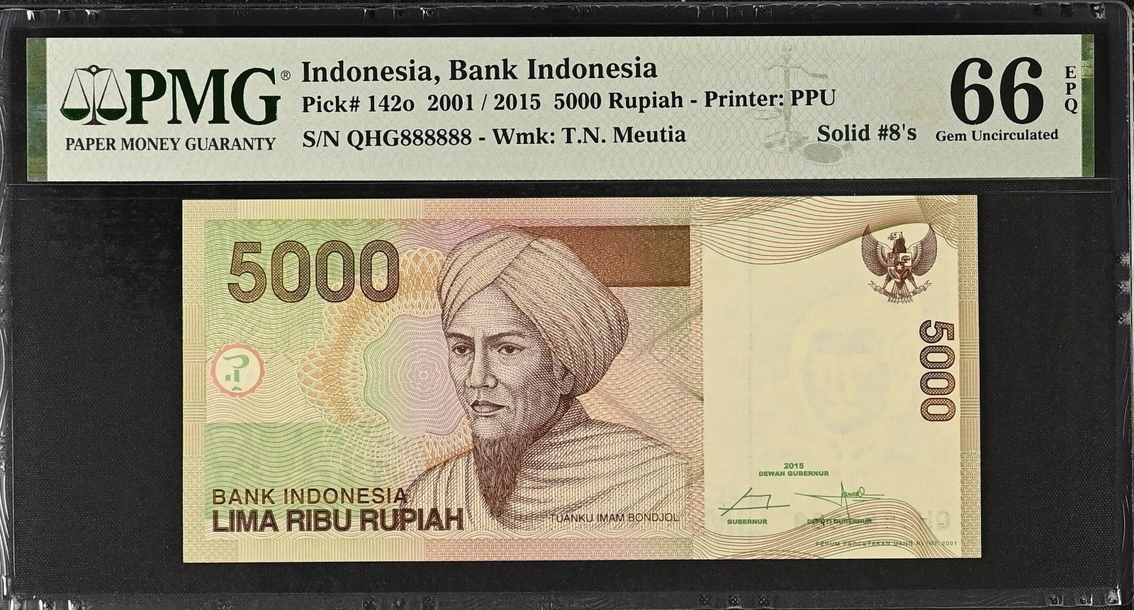 Indonesia 5000 Rupiah 2001 / 2015 P 142o UNC PMG 66 EPQ SOLID 8 - 888888