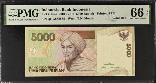 Indonesia 5000 Rupiah 2001 / 2015 P 142o UNC PMG 66 EPQ SOLID 8 - 888888