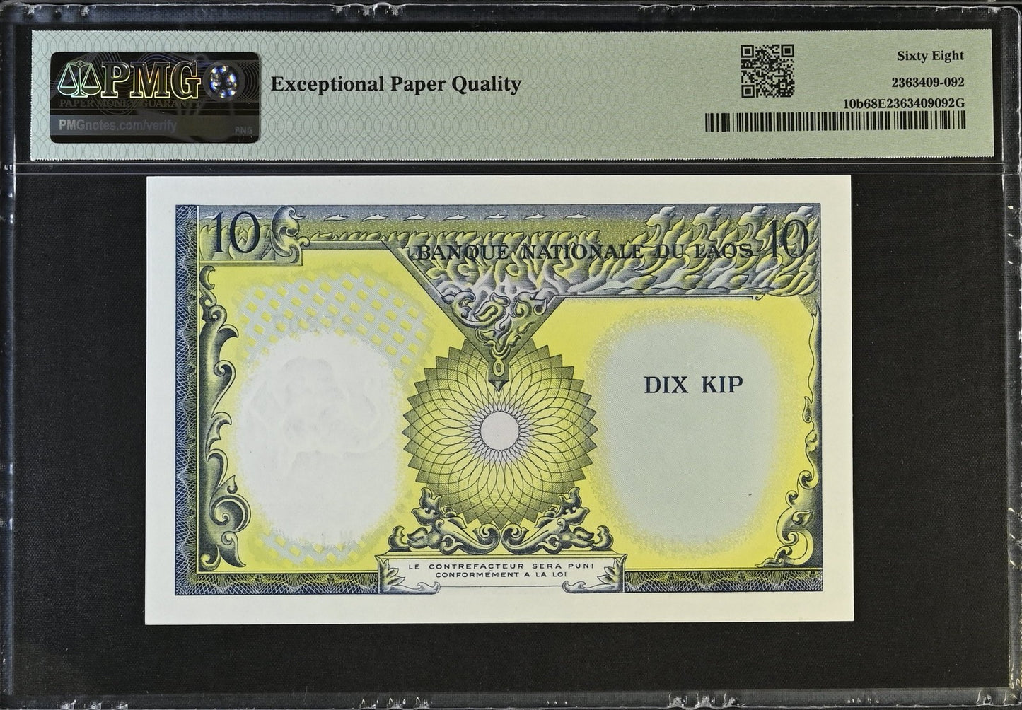 Laos 10 Kip 1962 P 10b UNC PMG 68 EPQ 2nd TOP POP