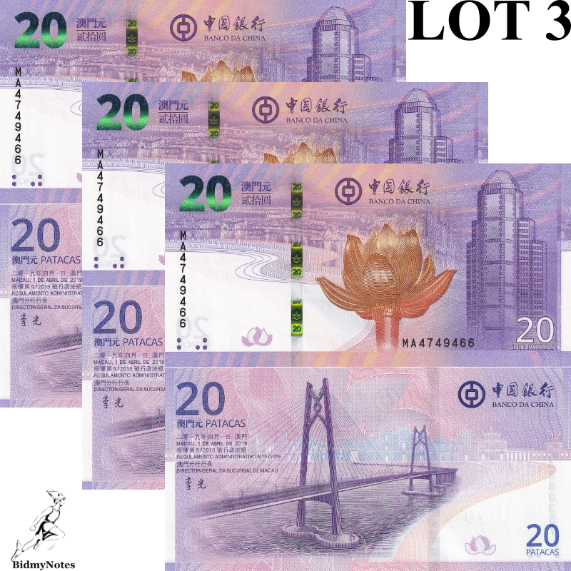 Macau Macao 20 Patacas 2021 P 128 COMM. Winter Olympics UNC BOC LOT 3 pcs