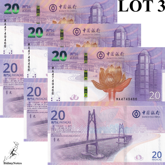 Macau Macao 20 Patacas 2021 P 128 COMM. Winter Olympics UNC BOC LOT 3 pcs