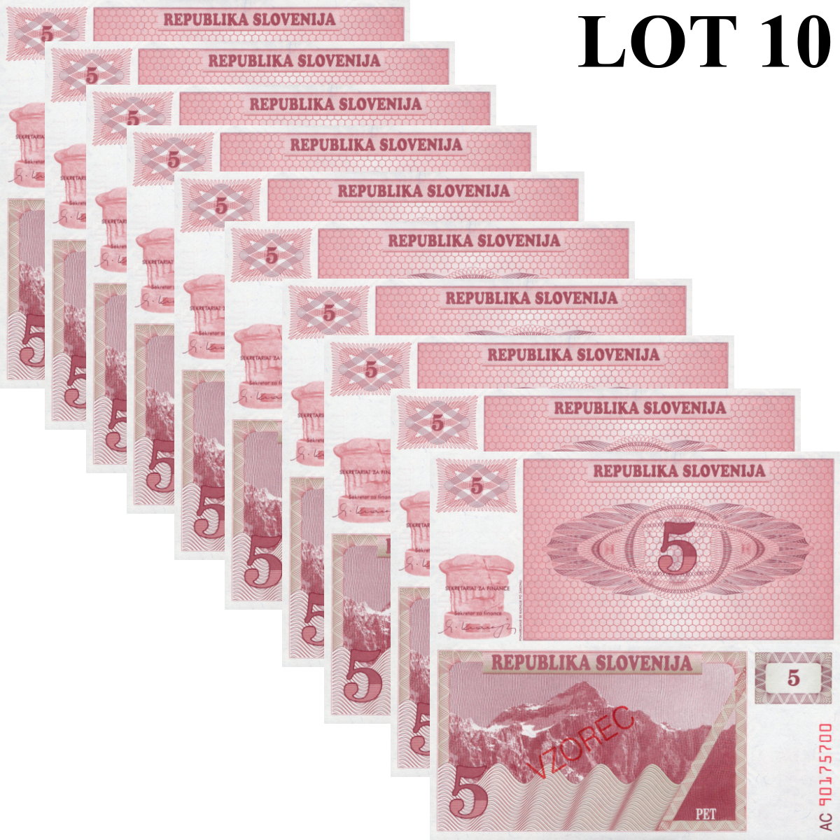 Slovenia 5 Tolarjev 1990 P 3 UNC Specimen 1/10 Bundle Lot 10 pcs